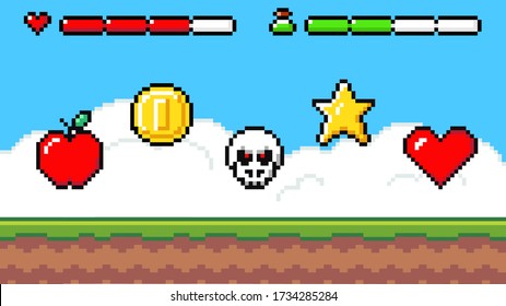 Pixel art game background with reward object in the air. Game scene with grass platform and prizes important to the player, object symbols apple, heart, star, coin, cranium, life and health bar