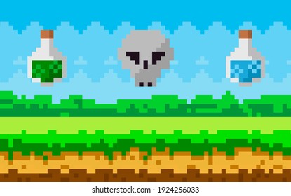 Pixel art game background with reward object in air. Pixel-game scene with grass meadow, skull and flasks with magic liquid soar in sky, pixelated object symbols cranium and potion container