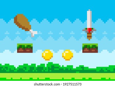 El fondo del juego de arte de Pixel con objetos de recompensa comida y armas. Escena de juego de píxeles con plataforma de césped y premios valiosos para jugadores, símbolos pixelados objetos espada de acero, monedas de oro y carne en hueso