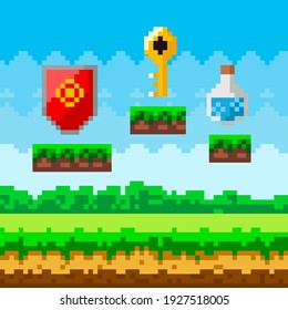 Fondo de juego de arte de píxeles con objeto de recompensa en el aire. Escena de juego de píxeles con plataforma de césped y premios valiosos para jugadores, símbolos pixelados de objetos líquido mágico en clave de oro de frasco y escudo con emblema