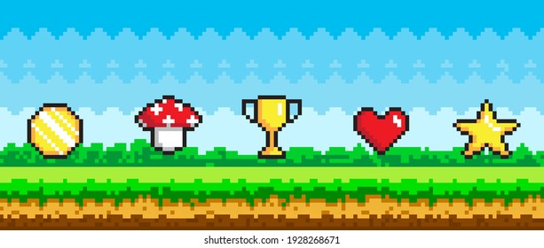 Pixel art game background with reward object in air. Pixel-game scene with grass and valuable awards in sky for player, pixelated symbols for mobile app gold goblet, coin, magic mushroom, star, heart