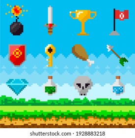 Pixel art game background with reward object in air. Pixel game scene with grass platform and valuable awards for player, object pixelated symbols core goblet magic liquid cranium key sword flag
