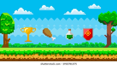 Pixel art game background with reward object in air. Pixel-game scene with grass, trees and awards