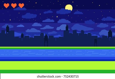 Pixel art game background with river, ground, grass, sky, clouds, silhouette city, monsters and hearts