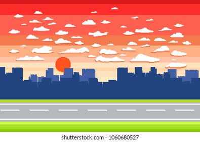 Pixel art game background with road, ground, grass, sky, clouds, silhouette city and sun
