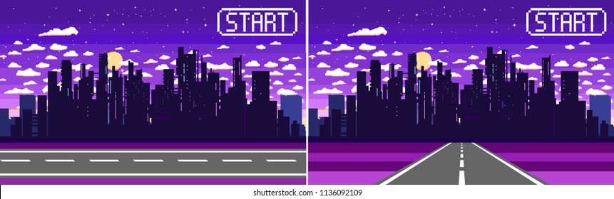 Pixel art game background with road, ground, sunset, landscape, sky, clouds, silhouette city, stars and moon. Background with gradient. Background for racing