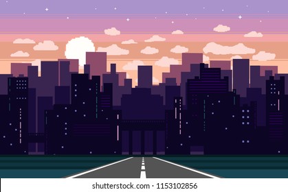 Pixel art game background and road  ground  sunset  landscape  sky  clouds  silhouette city  stars   moon  Background and gradient  Background for racing