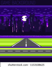 Pixel art game background with road, ground, sunset, landscape, sky, clouds, silhouette city, stars and moon. Background with gradient. Background for racing