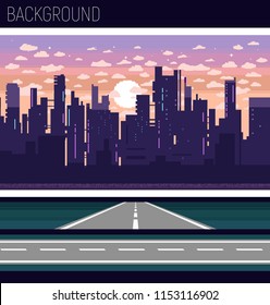 Pixel art game background with road, ground, sunset, landscape, sky, clouds, silhouette city, stars and moon. Background with gradient. Background for racing