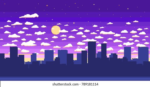 Pixel art game background and road  ground  sunset  landscape  sky  clouds  silhouette city  stars   moon  Background and gradient 