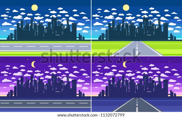 Pixel art game background
with road, ground, sunset, landscape, sky, clouds, silhouette city,
stars and moon. Background with gradient. Day and night
illustration.