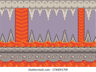 Pixel art game background with rocks and lava. Cave game scene with concrete plarforms, dungeon with flowing lava river of fire and stalactites. Pixel style subterranean landscape vector illustration