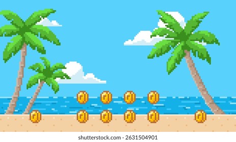 Pixel art game background with sea beach, palm trees and blue sky. Cartoon pixelated ocean horizon summer day scene with gold coins for 8 bit arcade video games. Vector retro playing vacation view