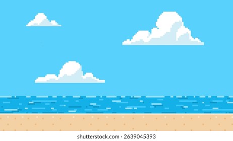 Pixel art game background with sea beach and clouds on blue sky. Cartoon pixelated ocean horizon summer day scene for 8 bit arcade video games. Vector marine shore nature playing retro view