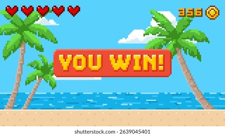 Pixel art game background with sea beach, palm trees and You win message. Cartoon vector pixelated ocean horizon summer day scene with gold coins and heart score for retro 8 bit arcade video games