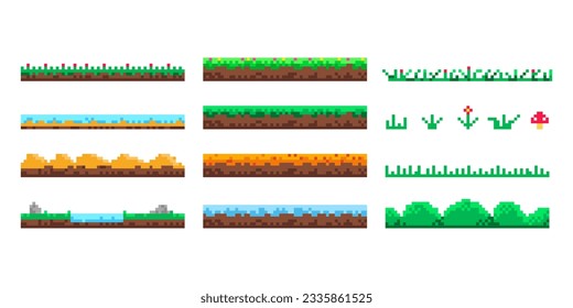 Pixel art game background. A set of pixelated seamless landscape elements with lake, flowers, trees to create various scene in games.  8 bit elements with ground and grass.