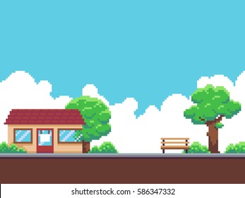 Pixel art game background with shop building, trees, ground, bushes, sky and clouds