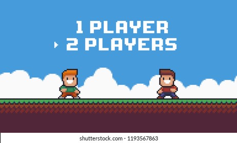 Pixel Art Game Background With Start Screen, With 1 Player And 2 Players Text, And Two Characters