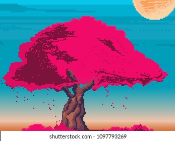 Pixel art game background with sun, sakura tree, leaves, pixel sky. Summer background. Pixel art. 8 bit. 