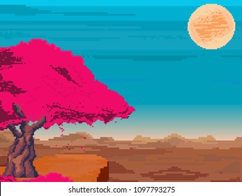 Pixel art game background with sun, sakura tree, leaves, pixel sky. Summer background. Pixel art. 8 bit. 