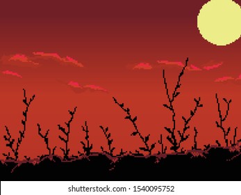Pixel art game background with sun, and grass. 8 bit. Silhouette of night landscape.