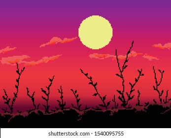 Pixel art game background with sun, and grass. 8 bit. Silhouette of night landscape.