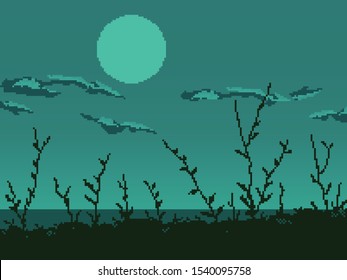 Pixel art game background with sun, and grass. 8 bit. Silhouette of night landscape.