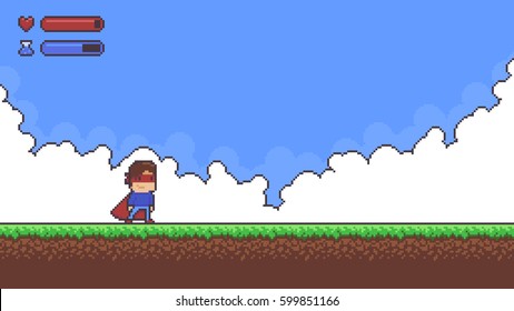 Pixel art game background with superhero character, ground, grass, sky, clouds and ui health and mana icons and bars