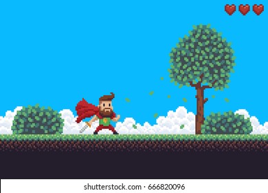 Pixel art game background with superhero character, ground, grass, sky, clouds, tree, bushes and hearts