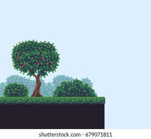 Fundo de jogo Pixel art com árvore, arbustos e grama