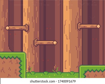 Pixel art game background with trees and grass in the old dark forest. Game scene with grass plarforms in the forest, thick tree trunks with sticking bare knots. Pixel style landscape illustration