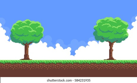 Pixel Art Game Background With Trees, Ground, Grass, Sky And Clouds
