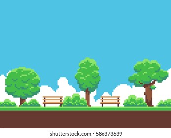 Pixel art game background with trees, ground, grass, sky and clouds