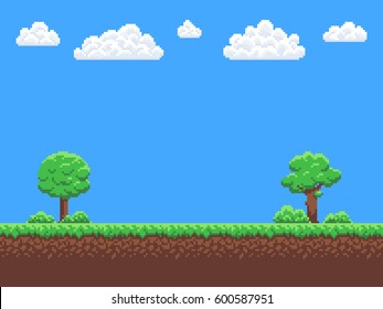 Pixel art game background with trees, ground, grass, sky and clouds