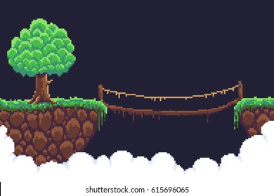 Pixel Art Game Background Two Islands  In Clouds, Bushy Tree And Rope Bridge