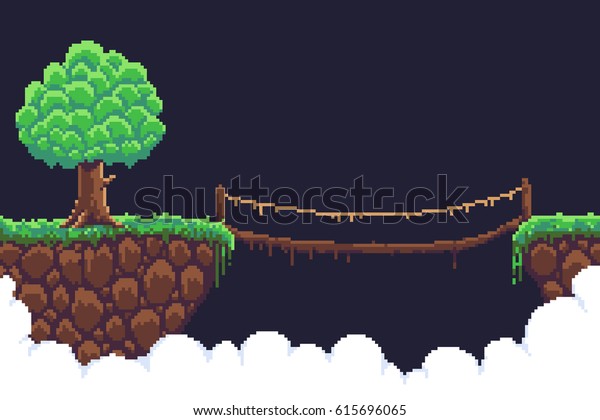 Pixel art game background two islands  in clouds,\
bushy tree and rope\
bridge