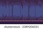 Pixel art game background, underground cave with stalactites and stalagmites. Vector 16-bit retro video game seamless cavern background.