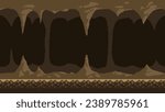Pixel art game background, underground cave with stalactites and stalagmites. Vector 8-bit retro video game seamless cavern background.