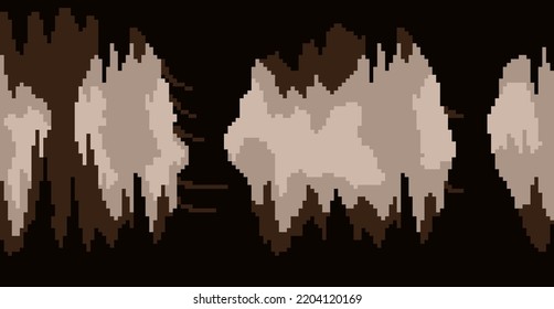 Pixel art game background, underground cave with stalactites and stalagmites. Vector seamless background.