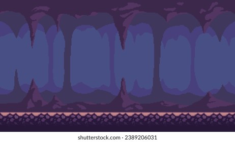 Pixel fondo de juego de arte, cueva subterránea con estalactitas y estalagmitas. Videojuego retro vector de 8 bits con fondo de caverna sin problemas.