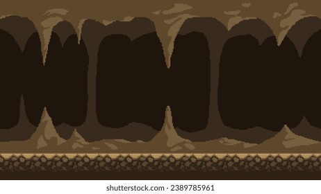 Pixel art game background, underground cave with stalactites and stalagmites. Vector 16-bit retro video game seamless cavern background.