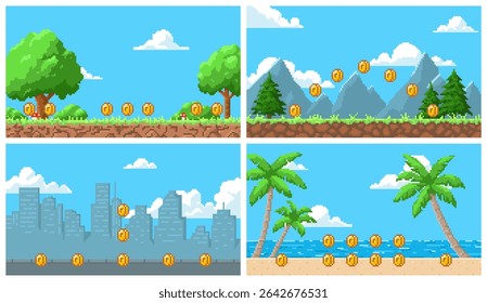 Pixel art game background vector set. Cartoon pixelated cityscape, palm beach and nature landscape summer day scenes with gold coins for 8 bit arcade video games. Retro level award playing view