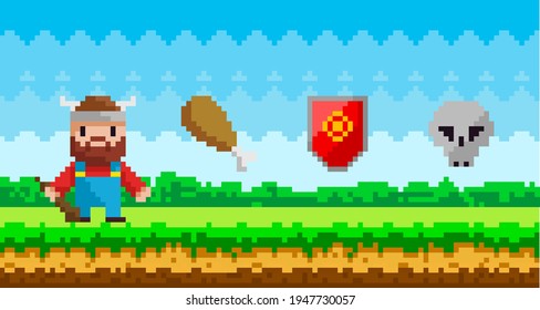 Pixel art game background with viking warrior and pixelated magic objects in nature landsape