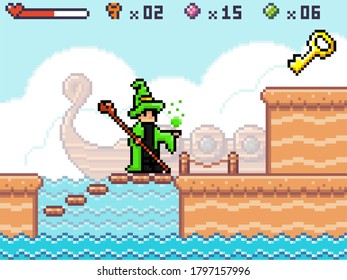 Pixel art game background with wizard on the steps. Game scene with wooden plarforms, magician on the steps of boards, cloudy sky and old wooden ship in the fog. Pixel style river landscape