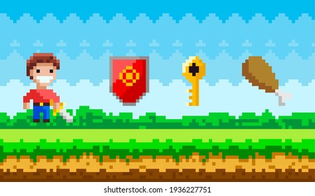 Pixel art game background with young man with sword and pixelated magic objects in nature landsape