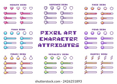 Pixel Art Game Bars: Health Bar, Mana Bar, Energy, Defense Armor, Money, Rage Bars and Signs Like Heart, Shield, Coin, Flame, Potion, Bag of Gold for Retro Pixel Game UI Design. 8-bit Elements.