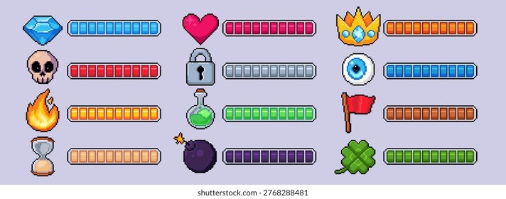Pixel art game bars, heart for health score progress, life energy meter, retro 8 bit time indicator, cartoon vector gauge icons. Classic video game hud interface and arcade power tracking display