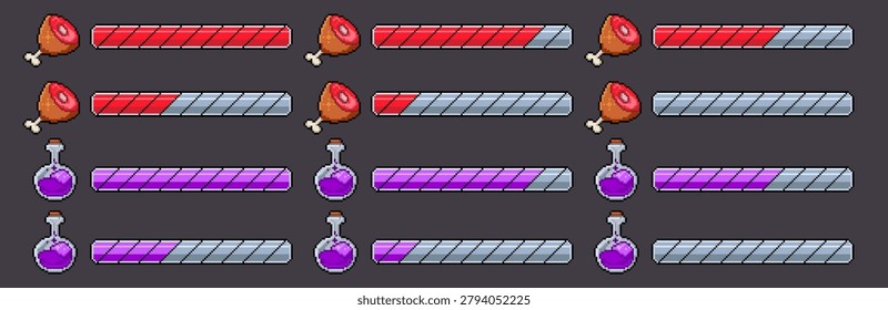 Pixel art game bars, meat for health score progress, energy meter, retro 8 bit poison for mana indicator, cartoon vector gauge icons. Classic video game hud interface and arcade power tracking display