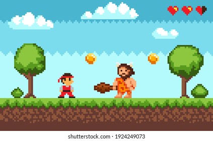 Pixel art game battle of ninja dressed in kimono and caveman wearing animal pelt with baton. Men fighting in forest near trees against sky. Pixel-game scene with primitive man, battler, golden coin