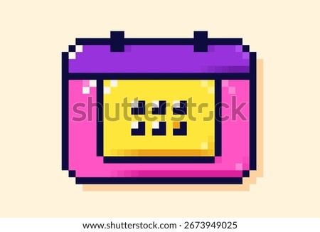 Pixel art game calendar. 8 bit simple color element.